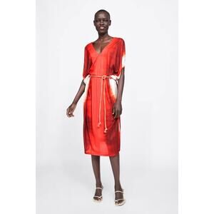🔥🔥FIRE SALE 🔥🔥ZARA belted tie dye orange red midi dress